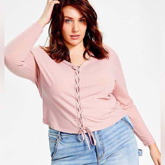 NWT LOVE, FIRE Soft Mauve Trendy Plus Size Ribbed V-Neck Lace-Up Top Size 3X - Picture 1 of 6